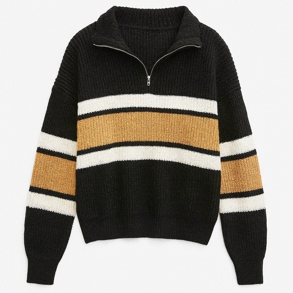 Sweaters - NWOT Black and Tan Striped Half-Zip Sweater